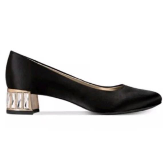 Anne Klein Shoes - Anne Klein Hayden Block Heel Black Satin
Fabric w/Gem Jeweled Embellished Heel